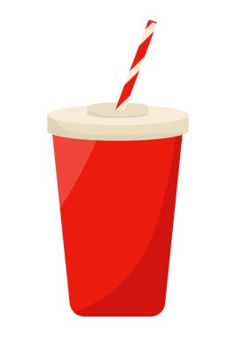 Kırmızı bardakta karbonatlı içecek, düz stilde izole edilmiş bir arka planda pipet. Kırmızı bardakta karbonatlı içecek, dairede izole edilmiş bir arka planda pipet.