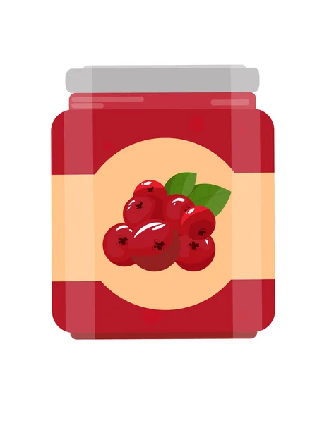 Marmellata di mirtilli rossi jam.cranberry in un barattolo trasparente con un'etichetta su uno sfondo isolato in stile cartone animato piatto. — Vettoriale Stock