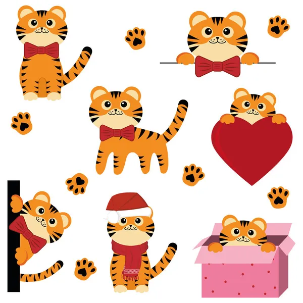Uppsättning söta jul tiger ungar, färg vektor isolerad tecknad stil illustration — Stock vektor