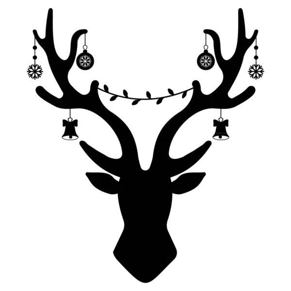Χριστουγεννιάτικα Ελαφοκέρατα Γιρλάντα Και Δώρα Μαύρο Στένσιλ Απομονωμένη Διανυσματική Απεικόνιση — Διανυσματικό Αρχείο