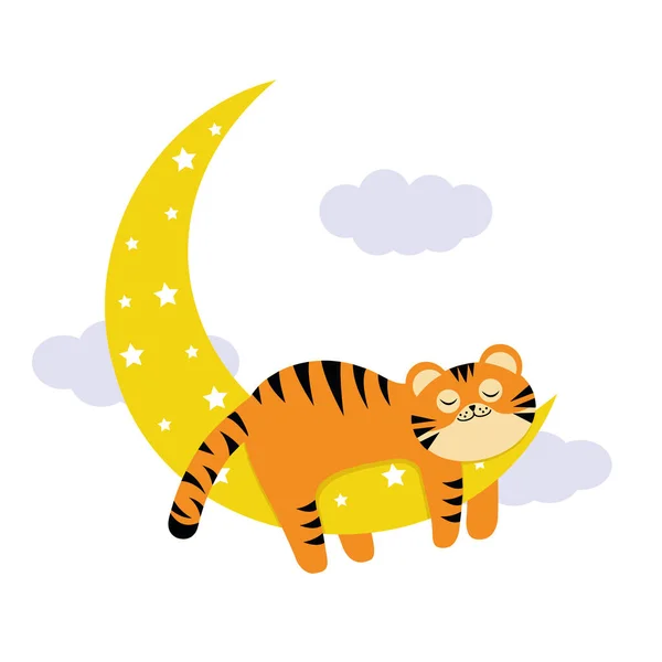 Mały Tygrys Szczenię Śpi Księżycu Kolor Odizolowany Wektor Ilustracja Stylu — Wektor stockowy