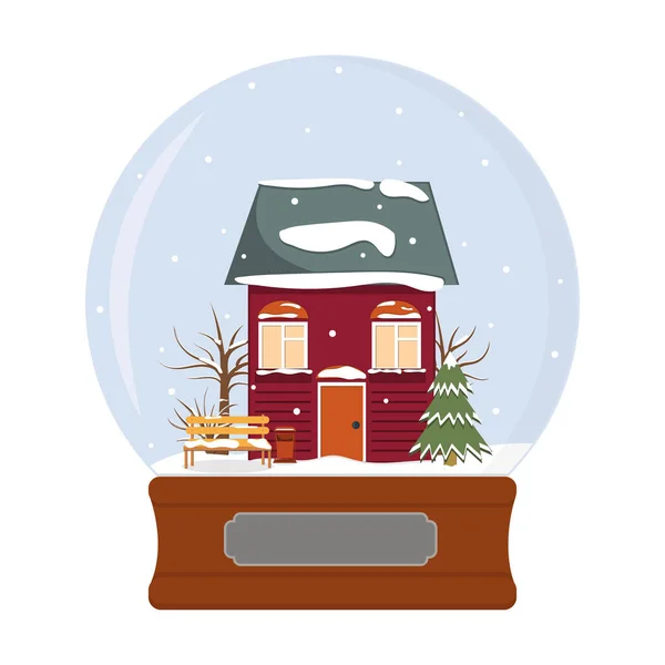Bola de Natal nevado com uma casa, árvores de Natal e um banco, ilustração vetor de cor — Vetor de Stock