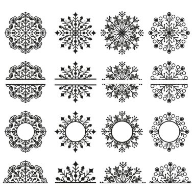 Açılış kar taneleri kümesi siyah dış hat, renk vektörü illüstrasyonu