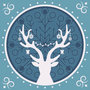 Orman arka planında çok katmanlı Noel kartı geyiği, renk vektörü çizimi.