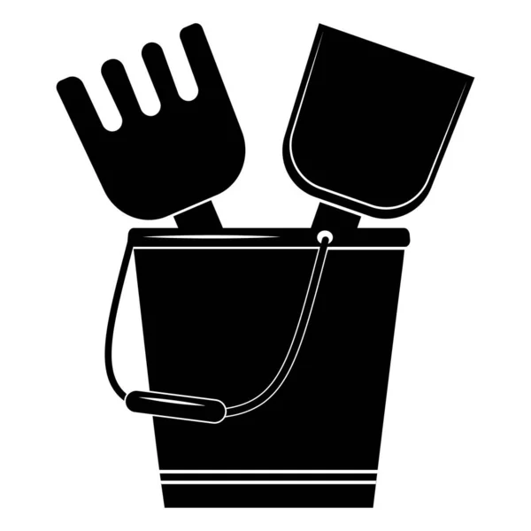 Sand tools icon shovel rake and bucket, isolated illustration black silhouette — 图库矢量图片