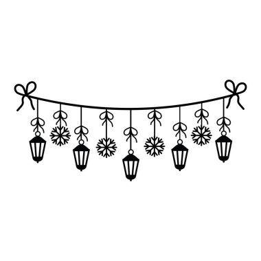 Fenerlerin ve kar tanelerinin Noel çelengi, karalama tarzında siyah çizgiler.