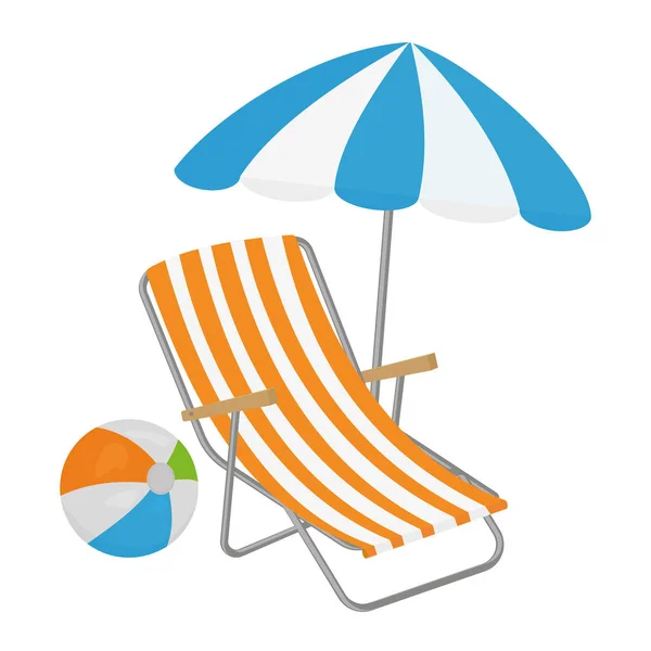채색 된 라운지 의자에 태양 우산 과 해변에 부풀릴 수있는 공, 만화 스타일의 컬러 벡터 삽화 — 스톡 벡터