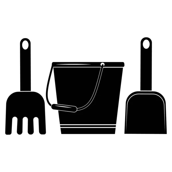 Sand tools bucket rake shovel, black silhouette icon —  Vetores de Stock