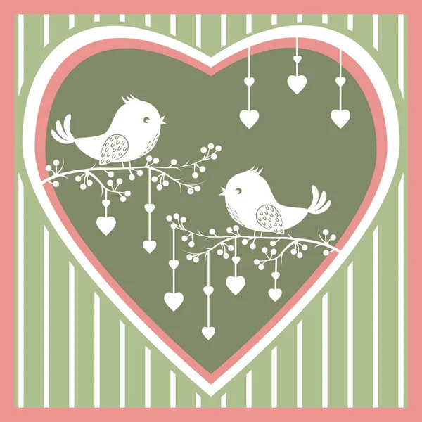 Ευχετήρια κάρτα με τα πουλιά στην αγάπη, εικονογράφηση διάνυσμα χρώμα vintage — Διανυσματικό Αρχείο