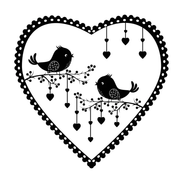 Lovebirds Heart Shaped Frame Black White Background Black Silhouette — Vetor de Stock