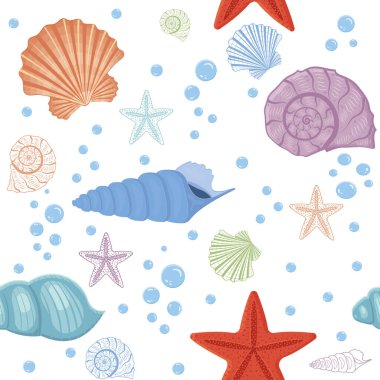 Beyaz arkaplanda farklı renkte deniz kabukları deseni, vektör illüstrasyonu.