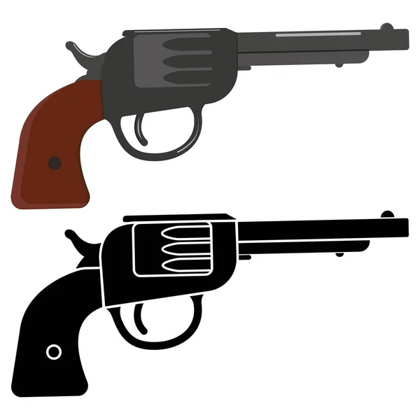 Revolver fekete sziluett elszigetelt fehér háttér, vektor illusztráció doodle — Stock Vector