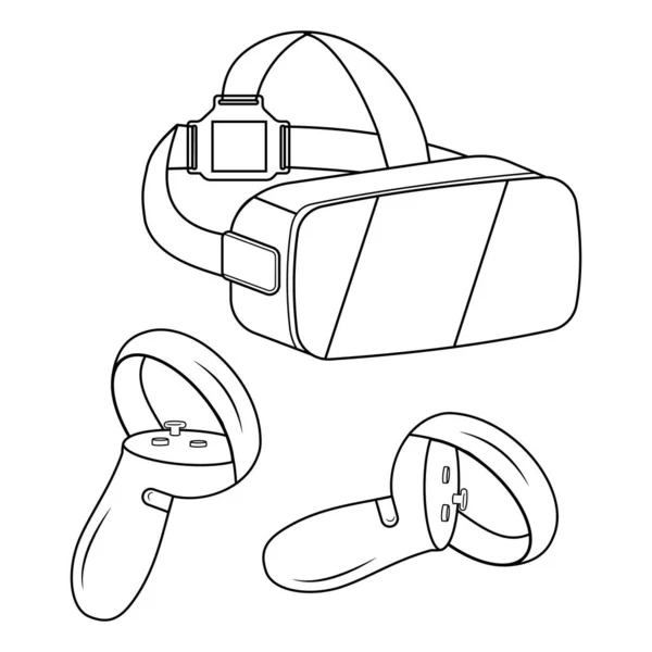 Virtual reality bril en joystick geïsoleerd op witte achtergrond, zwarte omtrek doodle stijl — Stockvector