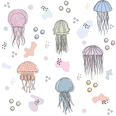 Beyaz arkaplanda farklı renkte deniz kabukları deseni, vektör illüstrasyonu