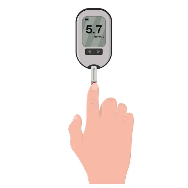 血糖テストイラスト。糖尿病の血液検査、血糖値測定器を持っている男 — ストックベクタ