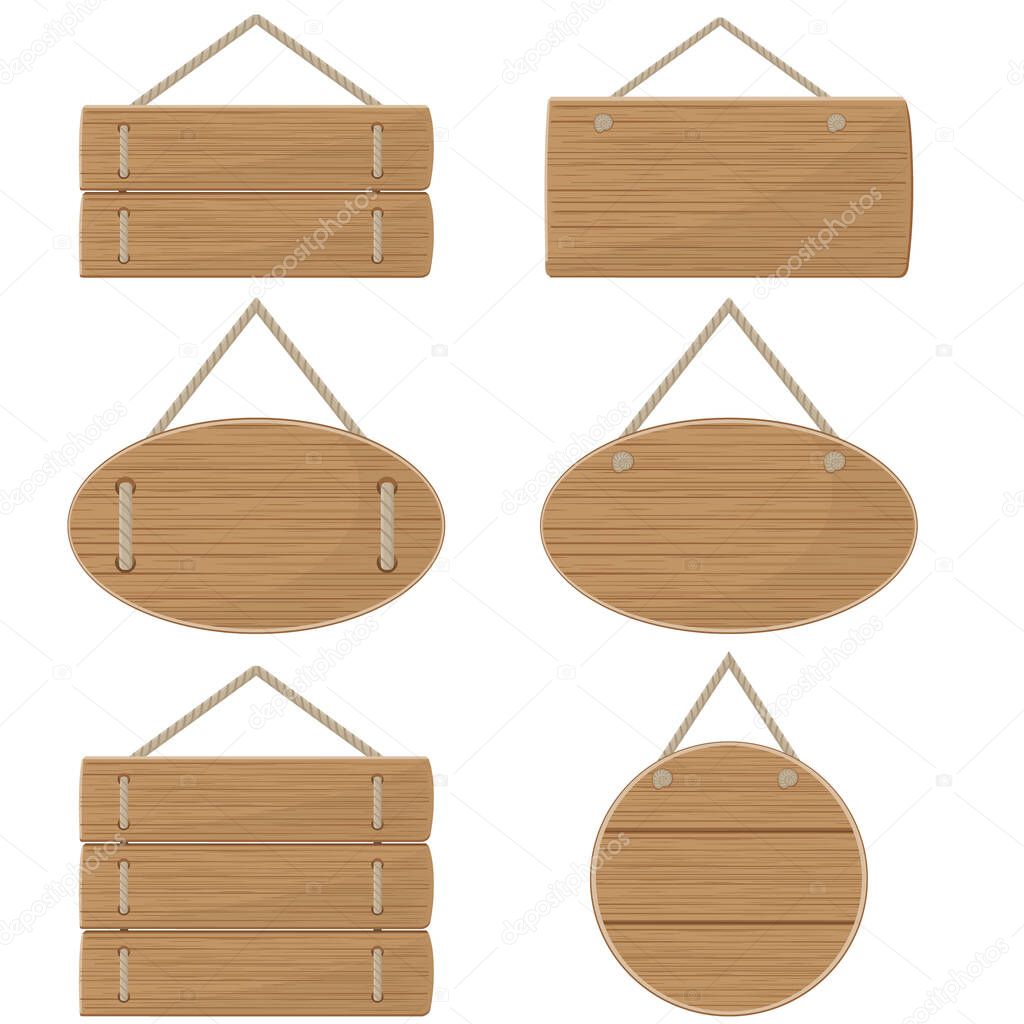 A set of wooden signs. Empty billboards made of wood, color vector illustration