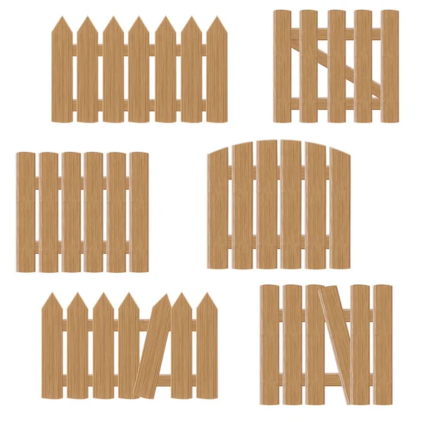 Una serie di porte in legno e recinzioni fatte di tavole di vari disegni, Illustrazione vettoriale in stile cartone animato — Vettoriale Stock