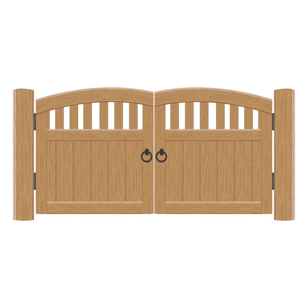 Старые деревянные массивные закрытые ворота, векторная иллюстрация. Двойная дверь с железными ручками и петлями — стоковый вектор