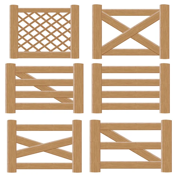 En uppsättning av trägrindar och staket gjorda av brädor av olika mönster, Vektor illustration i tecknad stil — Stock vektor