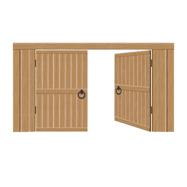Старые деревянные массивные открытые ворота, векторная иллюстрация. Двойная дверь с железными ручками и петлями — стоковый вектор