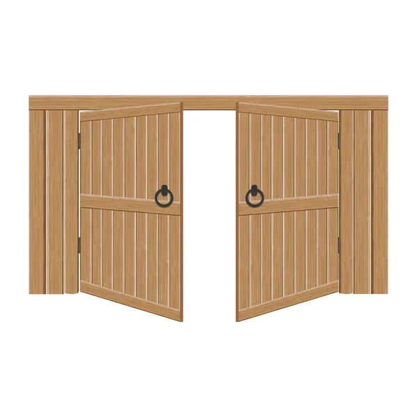 Vieilles portes ouvertes massives en bois, illustration vectorielle. Porte double avec poignées et charnières en fer — Image vectorielle