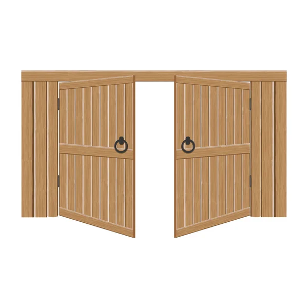 Velhos portões abertos maciços de madeira, ilustração vetorial. Porta dupla com puxadores de ferro e dobradiças Vetor De Stock