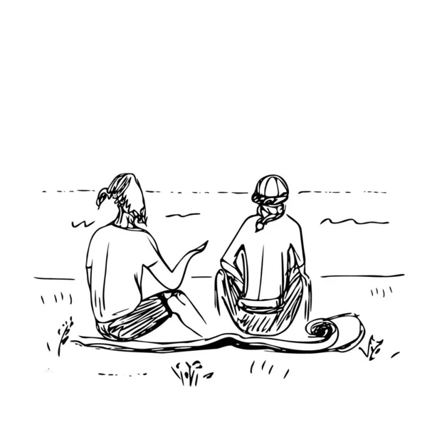 二人の友人の手描きのスケッチが座って海を見ています 男と女は自然を楽しむことを伝える 楽しいチャット 線形芸術 速いずさんな描画 隔離されてる ベクトル — ストックベクタ