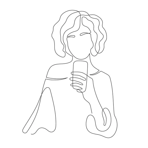 Девушка Смартфоном Рисунок Одной Линии Нарисованный Вручную Стилизованный Непрерывный Контур — стоковый вектор