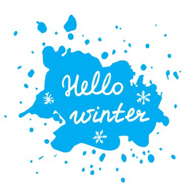 Mavi lekeli arka planda elle çizilmiş kar taneleri olan kış mektupları. Şablonlar, kartlar, baskılar, pankartlar için kaligrafik tasarım ögesi, seçim. İzole edilmiş. Vektör