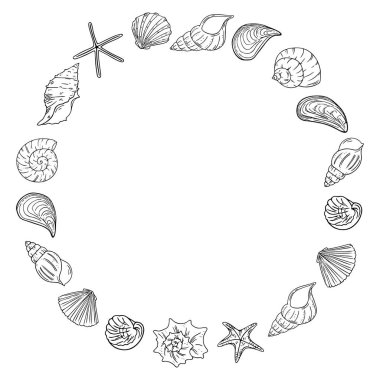 Deniz yıldızı ve deniz kabuklarıyla karalama çerçevesi, el yapımı deniz sembolleri. Fosiller mürekkep, kalem, çizgi, minimalizm. Basit kabataslak şablon. İzole edilmiş. Vektör