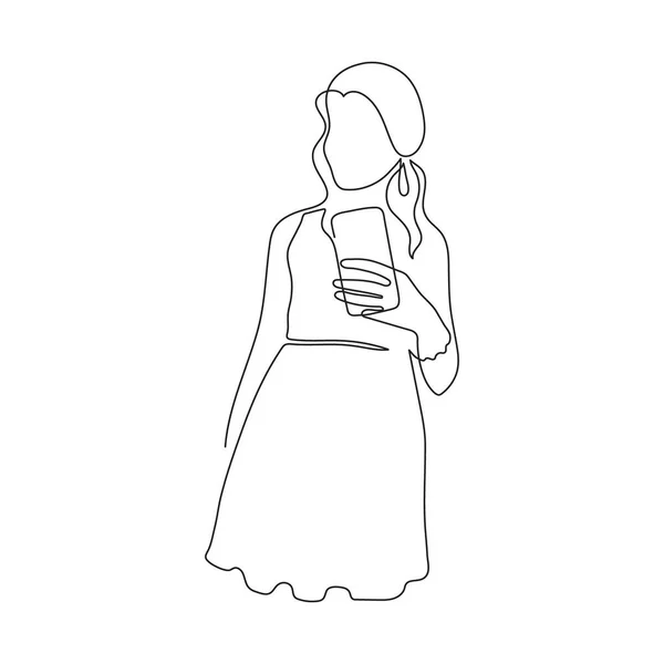 Chica Con Smartphone Una Línea Arte Dibujado Mano Contorno Continuo — Archivo Imágenes Vectoriales