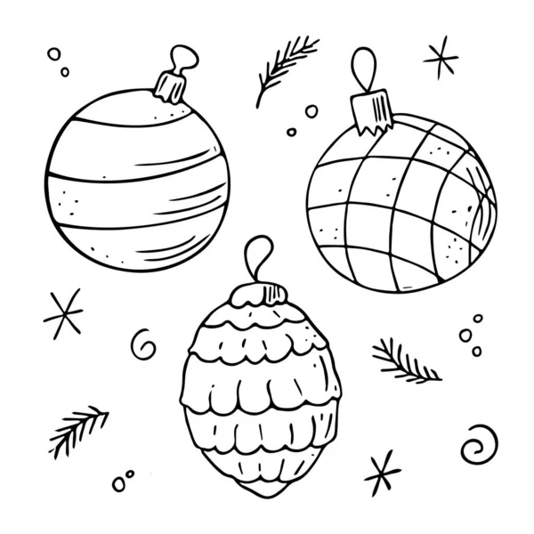 Set Palline Natalizie Doodle Decorazioni Disegnate Mano Giocattoli Capodanno Elementi — Vettoriale Stock