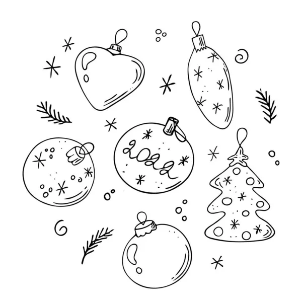 Set Bolas Navidad Doodle Decoraciones Dibujadas Mano Juguetes Año Nuevo — Archivo Imágenes Vectoriales
