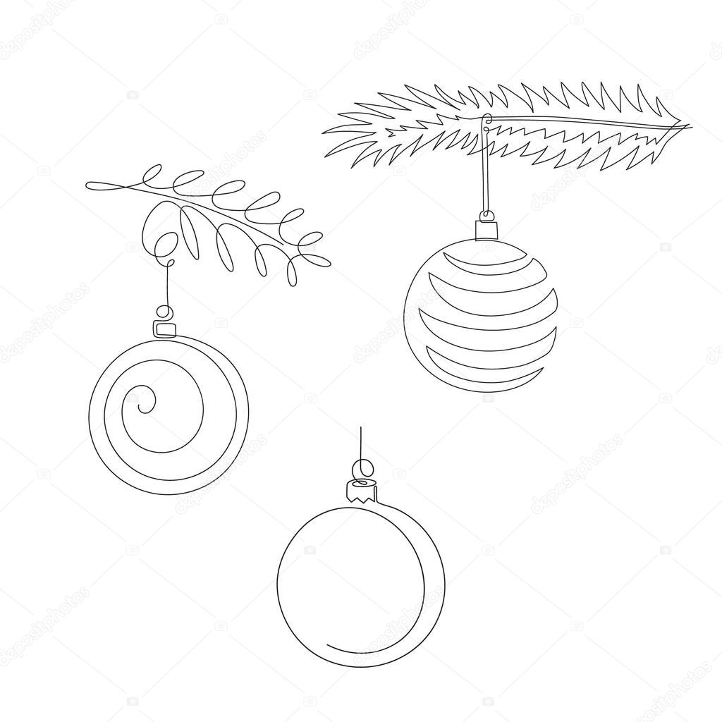 Christmas balls set,one line art,continuous contour.Hand drawn decoration,new year toy,festive elements.For New Year holiday cards,coloring book, posters,banners,calendars,print.Isolated.