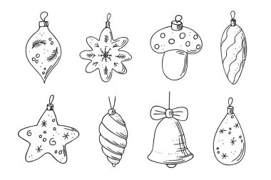 Noel baloları seti, el çizimi süslemeler, yeni yıl oyuncakları, festival malzemeleri. Tatil kartları, boyama kitabı, posterler, afişler, takvimler, baskı için kullanın..