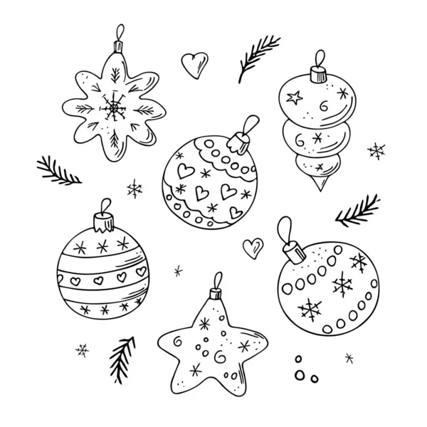 Juego Bolas Navidad Decoraciones Garabatos Dibujados Mano Juguetes Año Nuevo — Archivo Imágenes Vectoriales