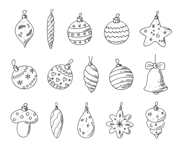 Ensemble Boules Noël Décorations Gribouillis Dessinées Main Jouets Nouvel Éléments — Image vectorielle