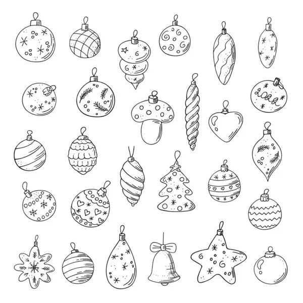 Набор Рождественских Шаров Ручные Рисунки Каракули Новогодние Игрушки Праздничные Элементы — стоковый вектор