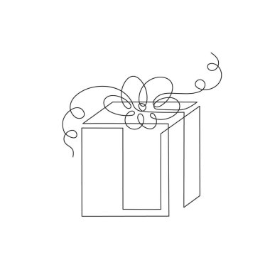 Tek satırlık hediye sanat, el çizimi sürekli kontür. Çizim stili, minimalizm. Tatil hediyesi, bayram sürprizi, hatıra. İzole edilmiş. Vektör