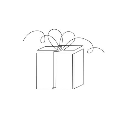 Tek satırlık hediye sanat, el çizimi sürekli kontür. Çizim stili, minimalizm. Tatil hediyesi, bayram sürprizi, hatıra. İzole edilmiş. Vektör