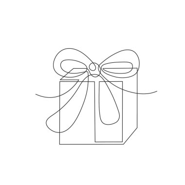 Tek satırlık hediye sanat, el çizimi sürekli kontür. Çizim stili, minimalizm. Tatil hediyesi, bayram sürprizi, hatıra. İzole edilmiş. Vektör