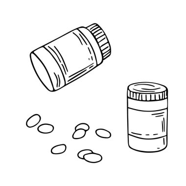 Tabletler ve kapsül şişesi ayarlandı. Tıbbi el yapımı karalama çizimi. Sağlık, terapi, tedavi konsepti. İzole edilmiş. Vektör.