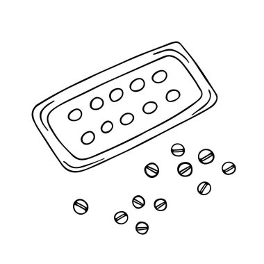 Tabletler hazır. Tıbbi el yapımı karalama çizimi. Sağlık, terapi, tedavi konsepti. İzole edilmiş.