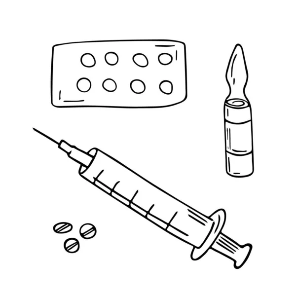 Set Comprimés Seringues Ampoules Illustration Doodle Médicale Dessinée Main Soins — Image vectorielle