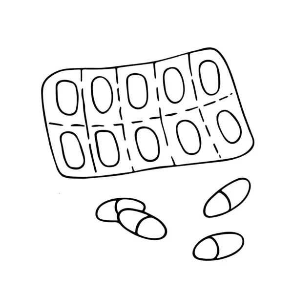 Tabletten Set Medizinische Handgezeichnete Doodle Illustration Gesundheitsfürsorge Therapie Behandlungskonzept Isoliert — Stockvektor