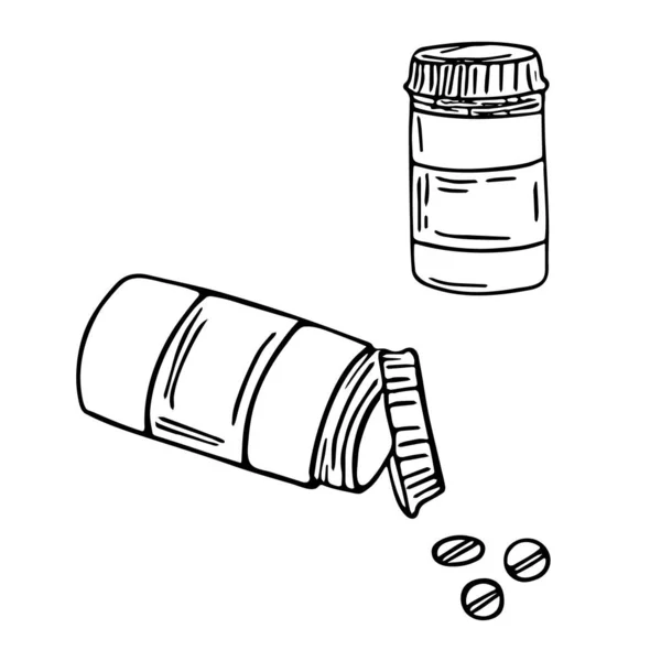 Tabletter Och Kapselburk Medicinsk Handritad Klotter Illustration Sjukvård Terapi Behandlingskoncept — Stock vektor