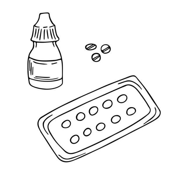 Tabletter Och Ögondroppar Inställda Medicinsk Handritad Klotter Illustration Sjukvård Terapi — Stock vektor