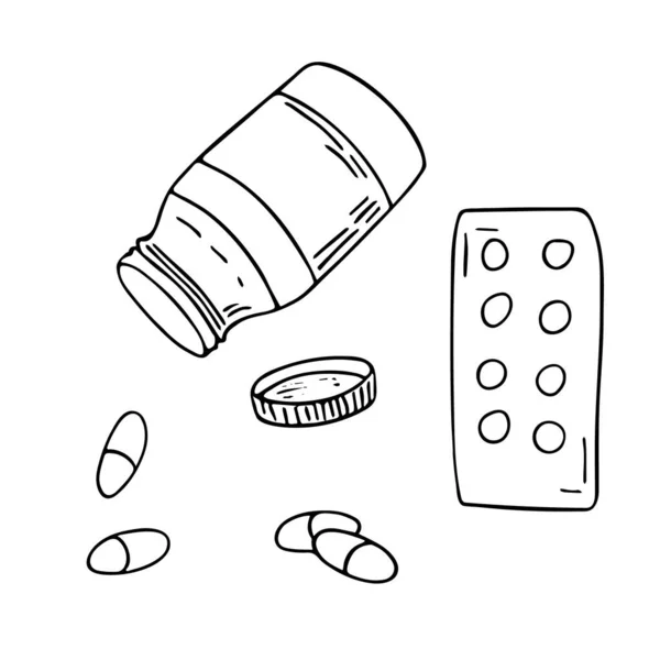Tablets Capsule Bottle Set Medical Hand Drawn Doodle Illustration Health — Stock Vector