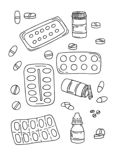Tabletten Spritzen Kapselbehälter Und Augentropfen Set Medizinische Handgezeichnete Doodle Illustration — Stockvektor