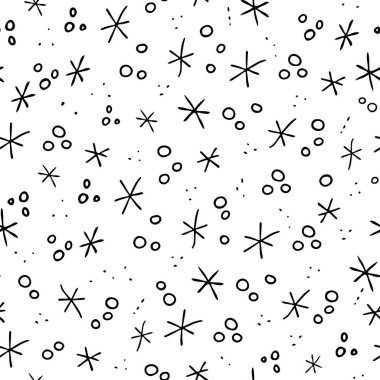 Yıldızlı, daireli ve noktalı soyut kozmik desenler. Şenlikli duvar kağıtları, tatiller için basit büyülü arka plan. Kağıt ambalajı..